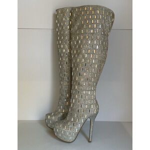 Shiekh Silver Rhinestone Over the Knee Boots Sz 9 Platform Stiletto Thigh  Glam